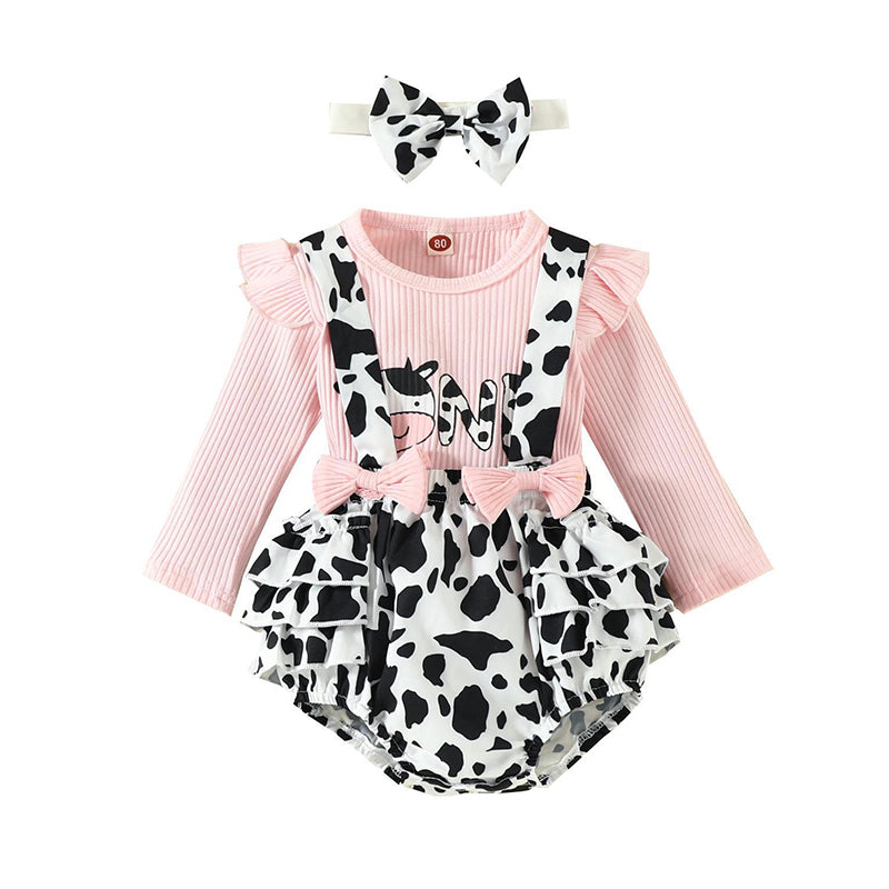 3 Pieces Set Baby Girls Letters Tops And Cow Rompers And Bow Headwear Wholesale 221101406