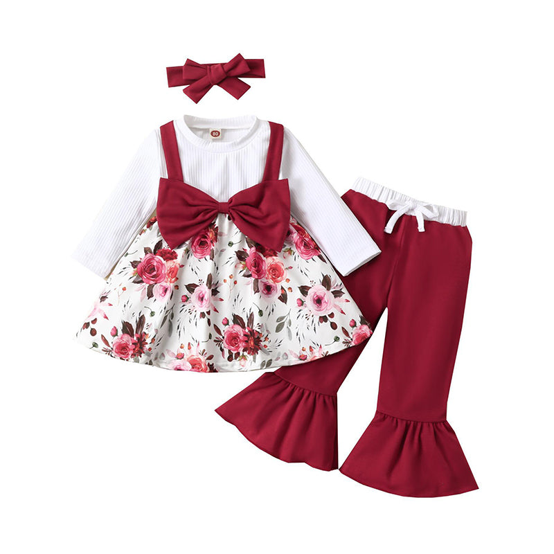 3 Pieces Set Baby Kid Girls Flower Print Dresses And Color-blocking Pants And Bow Headwear Wholesale 221101407