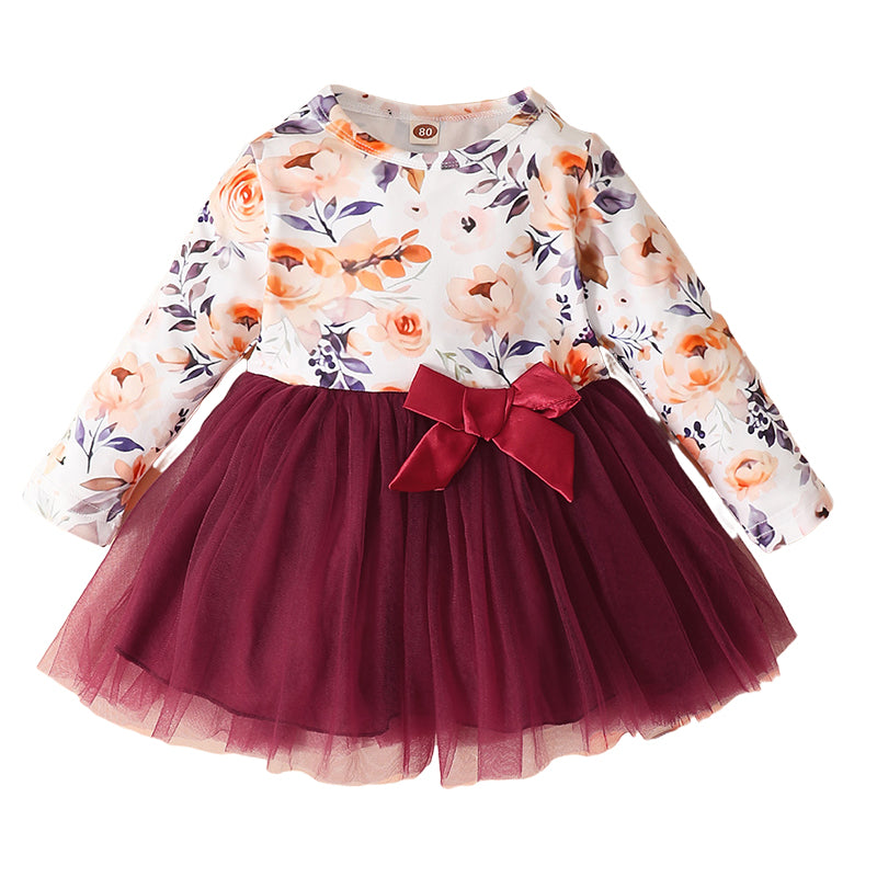 Baby Girls Flower Bow Print Dresses Wholesale 221101442