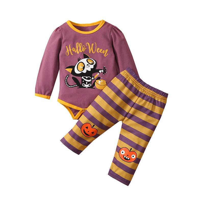 2 Pieces Set Baby Unisex Halloween Cartoon Print Rompers And Striped Pants Wholesale 221101452