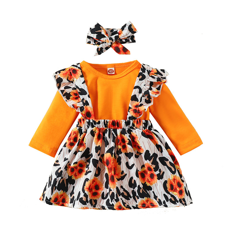 3 Pieces Set Baby Girls Flower Bow Print Headwear Solid Color Rompers And Dresses Wholesale 221101474