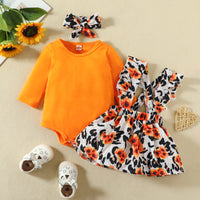 Load image into Gallery viewer, 3 Pieces Set Baby Girls Flower Bow Print Headwear Solid Color Rompers And Dresses Wholesale 221101474
