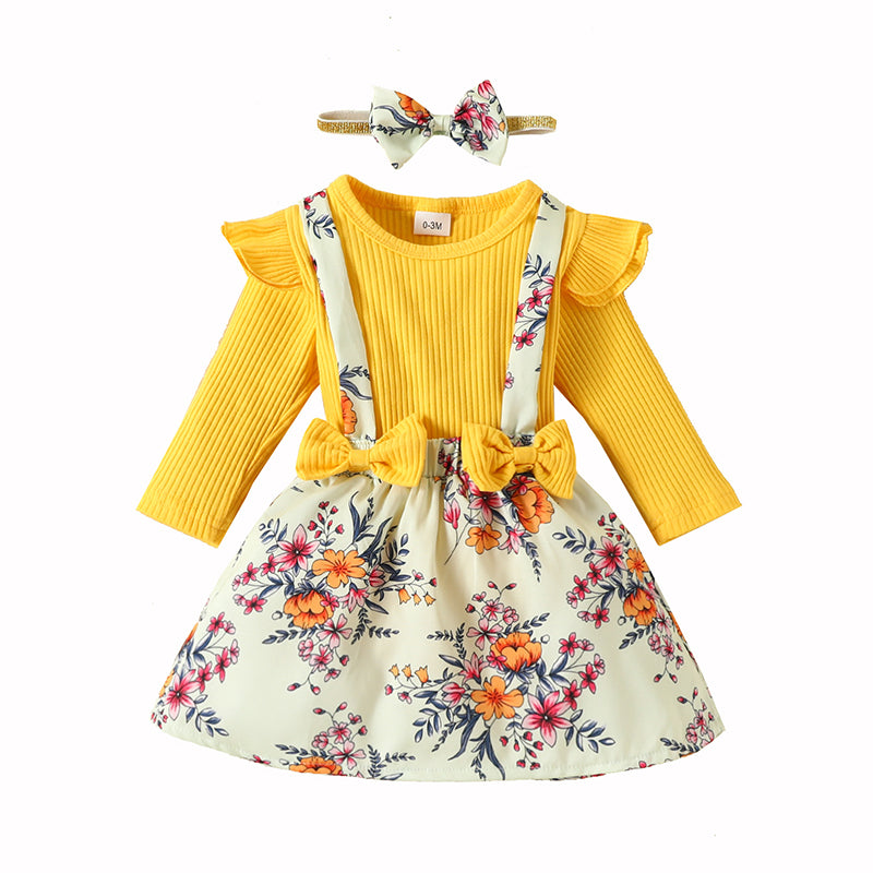 3 Pieces Set Baby Girls Flower Print Headwear Solid Color Rompers And Bow Dresses Wholesale 221101475