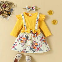 Load image into Gallery viewer, 3 Pieces Set Baby Girls Flower Print Headwear Solid Color Rompers And Bow Dresses Wholesale 221101475

