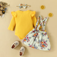 Load image into Gallery viewer, 3 Pieces Set Baby Girls Flower Print Headwear Solid Color Rompers And Bow Dresses Wholesale 221101475

