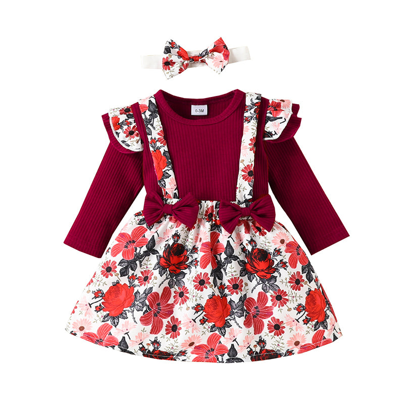 2 Pieces Set Baby Girls Solid Color Rompers And Flower Dresses Wholesale 221101498