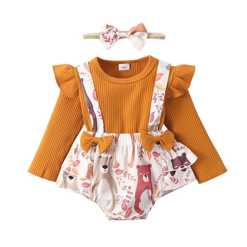 3 Pieces Set Baby Girls Solid Color Muslin&Ribbed Print Tops And Cartoon Rompers And Bow Headwear Wholesale 221101529