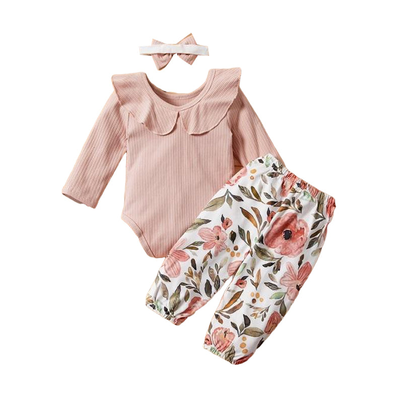 2 Pieces Set Baby Girls Solid Color Muslin&Ribbed Print Rompers And Flower Pants Wholesale 221101534