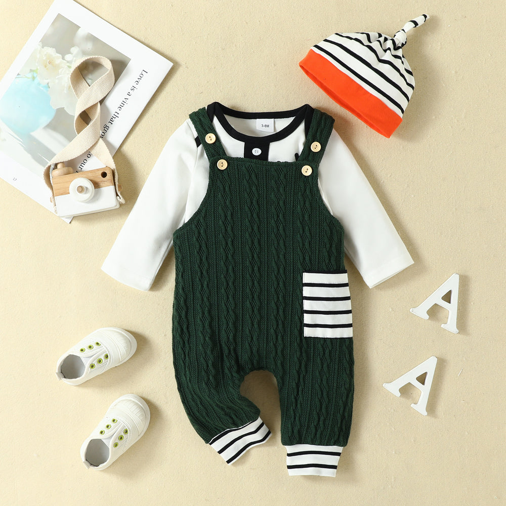 3 Pieces Set Baby Boys Cartoon Print Rompers And Striped Jumpsuits And Hats Wholesale 221101543