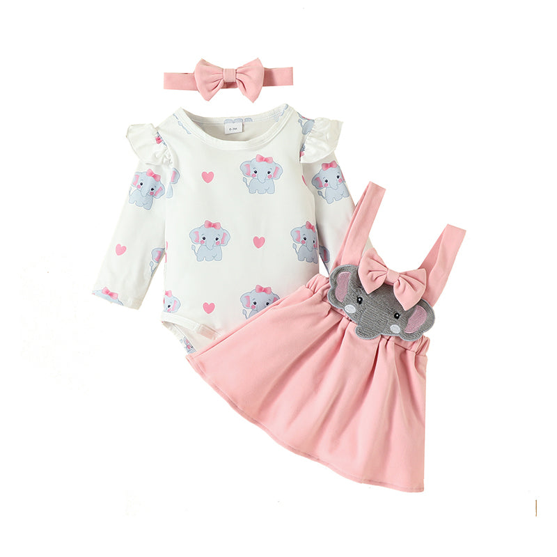 3 Pieces Set Baby Girls Cartoon Print Rompers And Dresses And Bow Headwear Wholesale 221104573