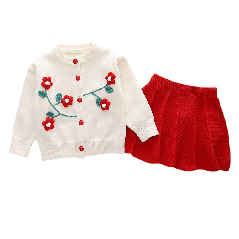 2 Pieces Set Baby Kid Girls Flower Cardigan And Solid Color Skirts Wholesale 221107557