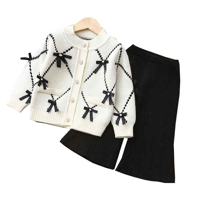 2 Pieces Set Baby Kid Girls Bow Cardigan And Solid Color Pants Wholesale 221107565