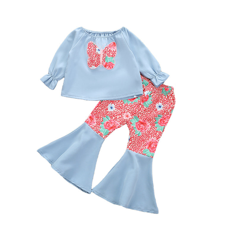 2 Pieces Set Baby Kid Girls Color-blocking Butterfly Print Tops And Pants Wholesale 221117183