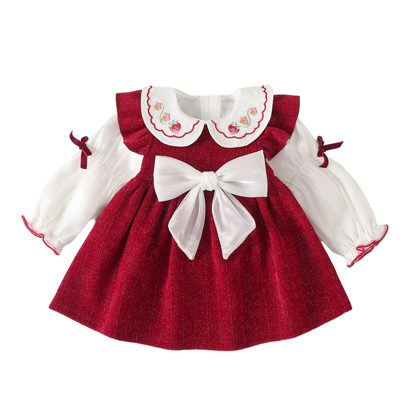 Baby Girls Color-blocking Fruit Bow Embroidered Dresses Wholesale 221117301