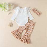 Load image into Gallery viewer, 3 Pieces Set Baby Girls Flower Print Headwear Lace Rompers And Pants Wholesale 221117376
