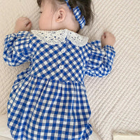 Load image into Gallery viewer, Baby Girls Checked Bow Lace Rompers Wholesale 22111797
