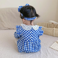 Load image into Gallery viewer, Baby Girls Checked Bow Lace Rompers Wholesale 22111797
