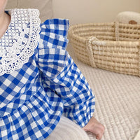Load image into Gallery viewer, Baby Girls Checked Bow Lace Rompers Wholesale 22111797
