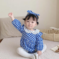 Load image into Gallery viewer, Baby Girls Checked Bow Lace Rompers Wholesale 22111797
