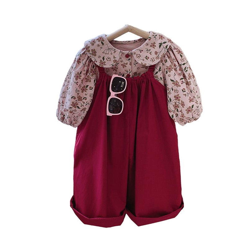 2 Pieces Set Baby Kid Girls Flower Print Tops And Solid Color Jumpsuits Wholesale 221125367