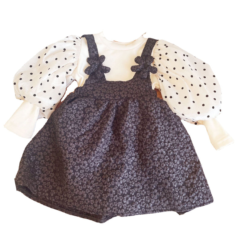 2 Pieces Set Kid Girls Flower Print Dresses And Polka dots Tops Wholesale 221125391