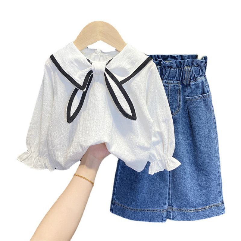 2 Pieces Set Baby Kid Girls Color-blocking Tops And Solid Color Pants Wholesale 221125421