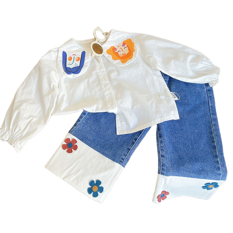 2 Pieces Set Kid Girls Cartoon Print Blouses And Flower Pants Wholesale 221125531