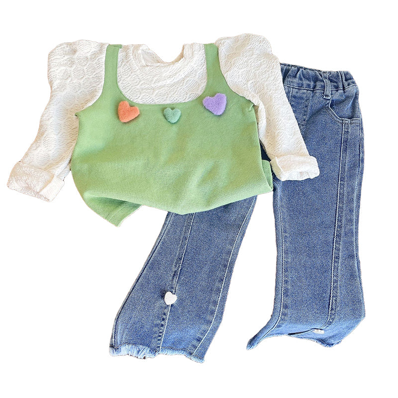 2 Pieces Set Kid Girls Solid Color Love heart Tops And Pants Wholesale 221125532