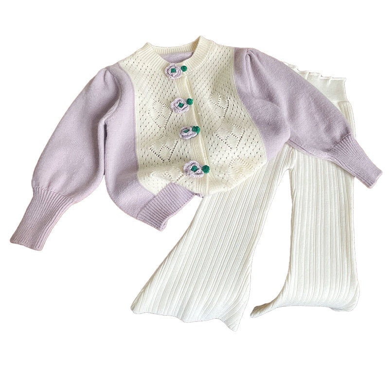 2 Pieces Set Kid Girls Color-blocking Crochet Cardigan And Pants Wholesale 221125555