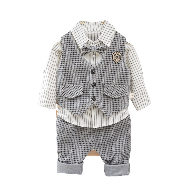 3 Pieces Set Baby Kid Boys Birthday Party Striped Bow Shirts Houndstooth Vests Waistcoats And Pants Wholesale 221130150