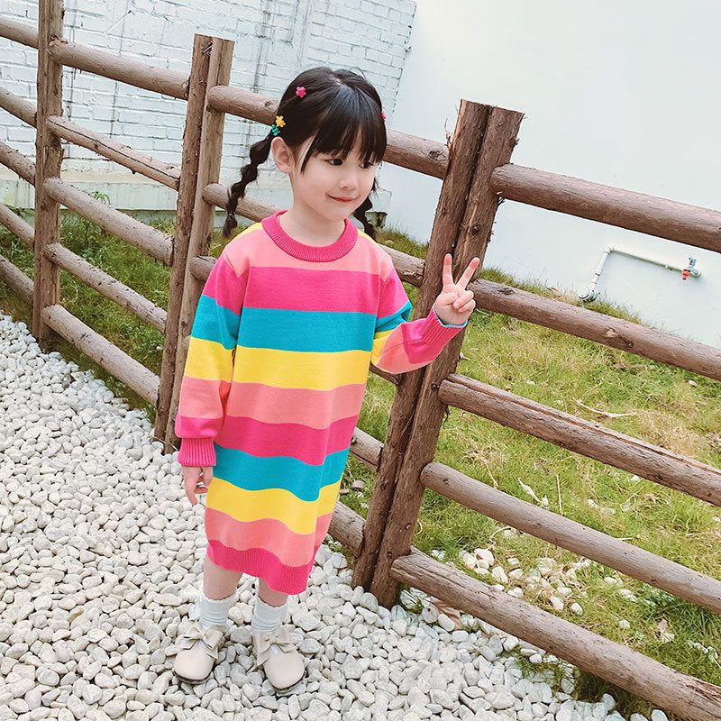 Kid Girls Rainbow Knitwear Dresses Wholesale 22113021