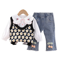 Load image into Gallery viewer, 3 Pieces Set Baby Kid Girls Flower Crochet Vests Waistcoats And Fruit Embroidered Tops And Pants Wholesale 221130214
