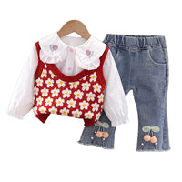 Load image into Gallery viewer, 3 Pieces Set Baby Kid Girls Flower Crochet Vests Waistcoats And Fruit Embroidered Tops And Pants Wholesale 221130214

