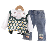 Load image into Gallery viewer, 3 Pieces Set Baby Kid Girls Flower Crochet Vests Waistcoats And Fruit Embroidered Tops And Pants Wholesale 221130214
