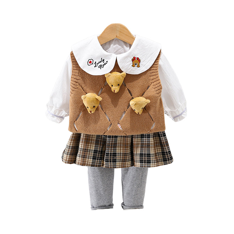 3 Pieces Set Baby Kid Girls Solid Color Checked Cartoon Print Vests Waistcoats And Tops Pants And Wholesale 221130225