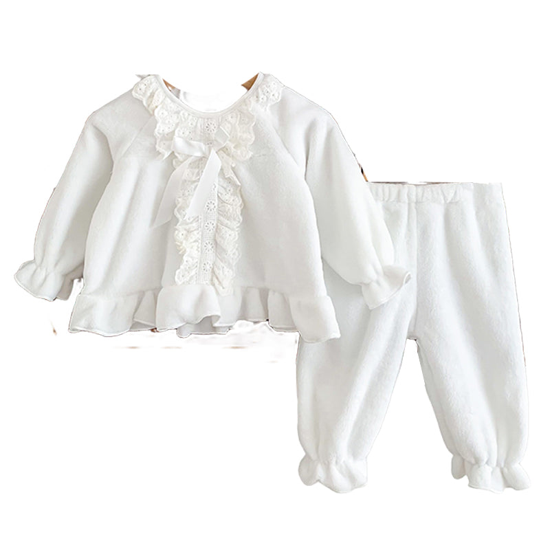 2 Pieces Set Baby Kid Girls Bow Lace Tops And Solid Color Pants Wholesale 221130358