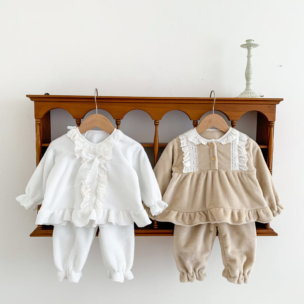 2 Pieces Set Baby Kid Girls Bow Lace Tops And Solid Color Pants Wholesale 221130358