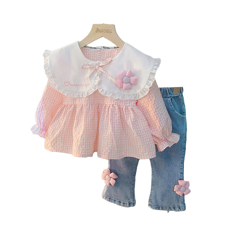 2 Pieces Set Baby Kid Girls Checked Tops And Flower Jeans Wholesale 22120118
