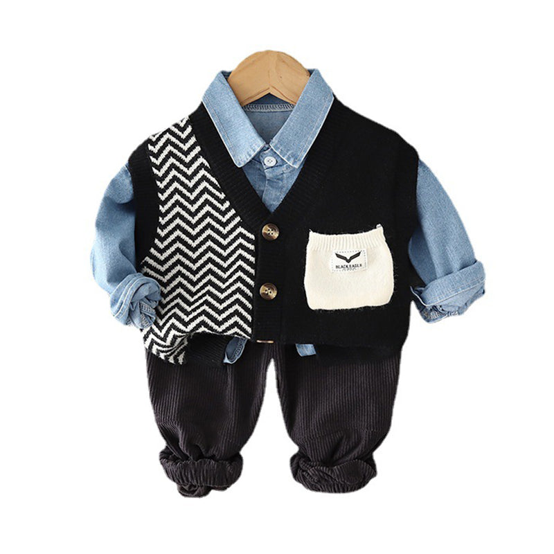 3 Pieces Set Baby Kid Boys Solid Color Tops Striped Color-blocking Vests Waistcoats And Pants Wholesale 22120119