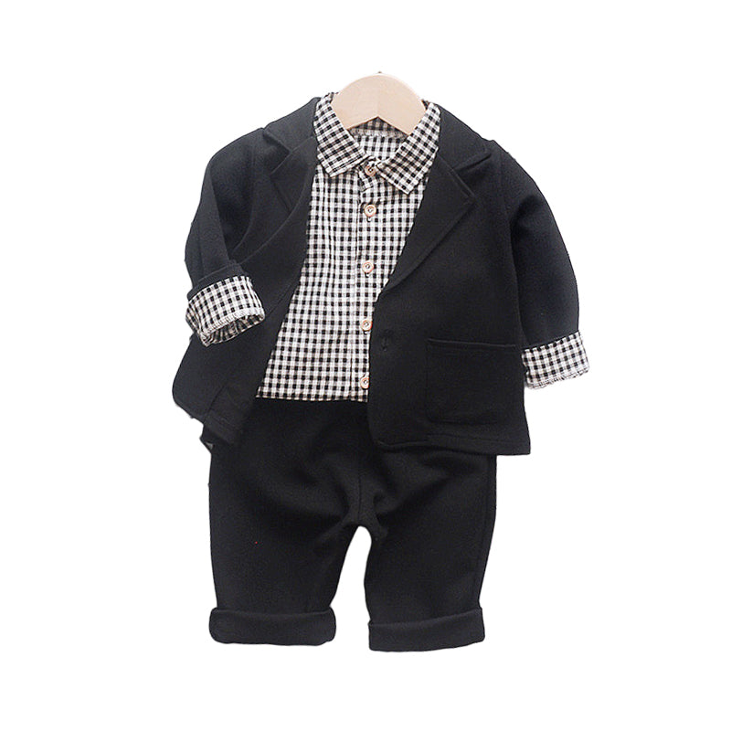 3 Pieces Set Baby Kid Boys Checked Shirts Solid Color Blazers And Pants Wholesale 221201207