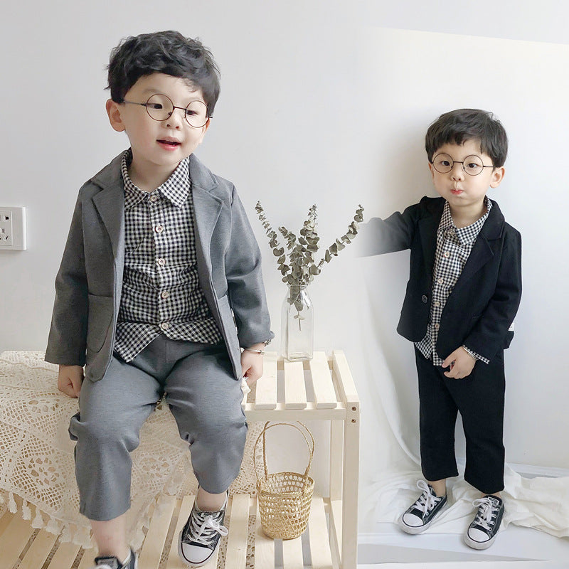 3 Pieces Set Baby Kid Boys Checked Shirts Solid Color Blazers And Pants Wholesale 221201207