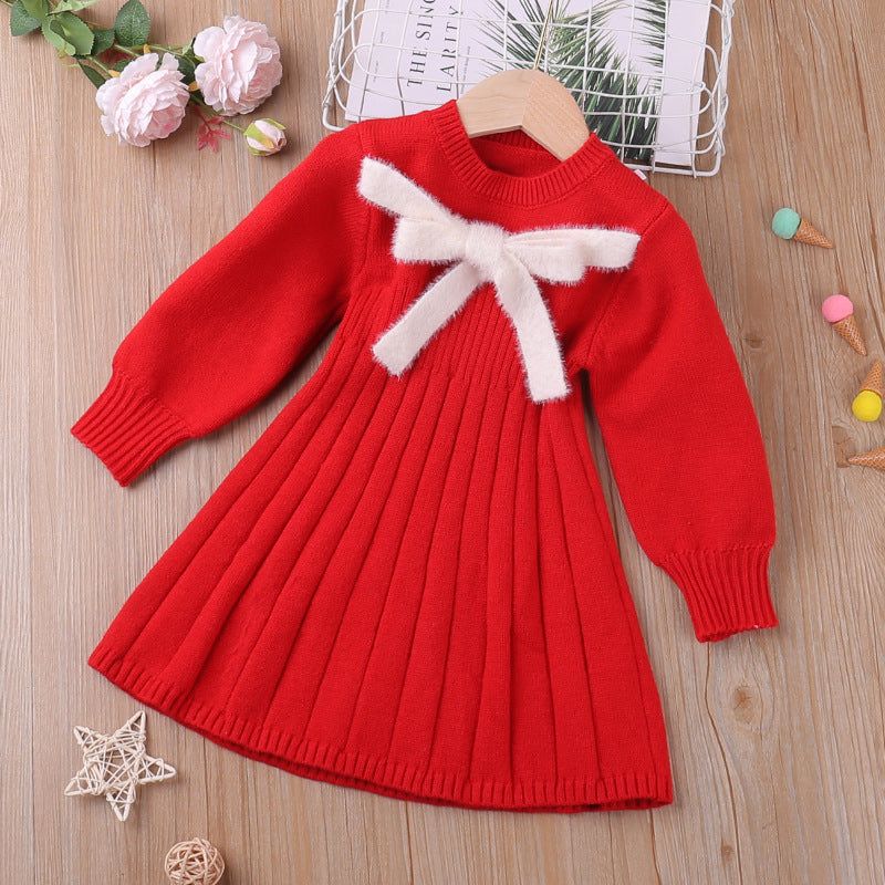 Baby Kid Girls Solid Color Bow Knitwear Dresses Wholesale 221202104