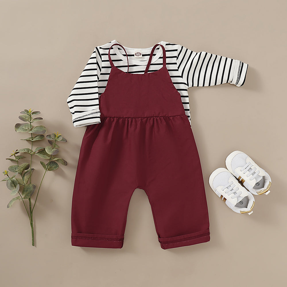 2 Pieces Set Baby Kid Unisex Striped Tops And Solid Color Jumpsuits Wholesale 22120218