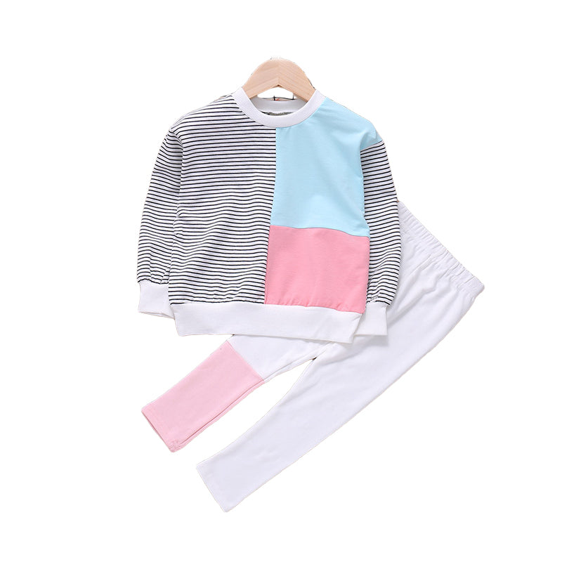 2 Pieces Set Baby Kid Girls Striped Tops And Color-blocking Pants Wholesale 22120219