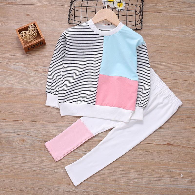 2 Pieces Set Baby Kid Girls Striped Tops And Color-blocking Pants Wholesale 22120219