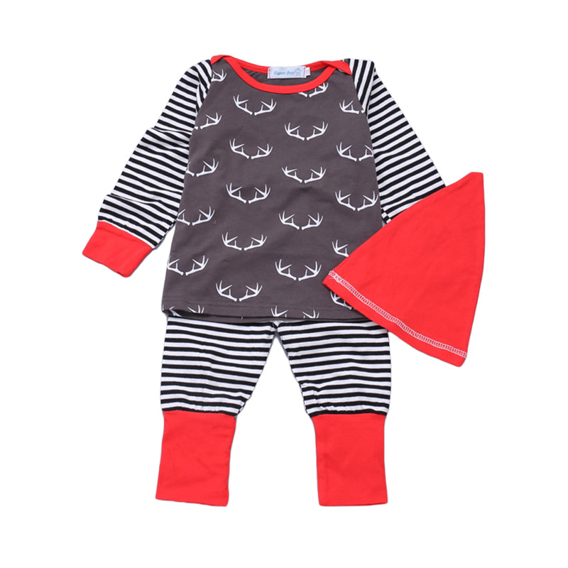 3 Pieces Set Baby Unisex Cartoon Print Tops Striped Pants And Solid Color Hats Wholesale 22120221