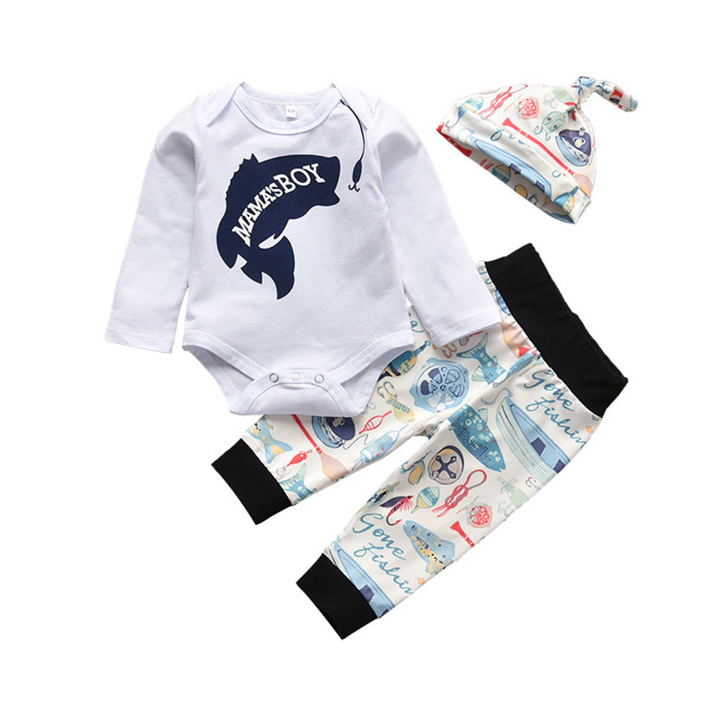 3 Pieces Set Baby Boys Letters Animals Print Rompers And Cartoon Pants And Hats Wholesale 22120226