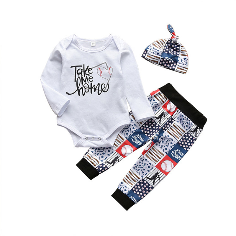 3 Pieces Set Baby Boys Letters Print Rompers And Checked Cartoon Print Pants And Hats Wholesale 22120227