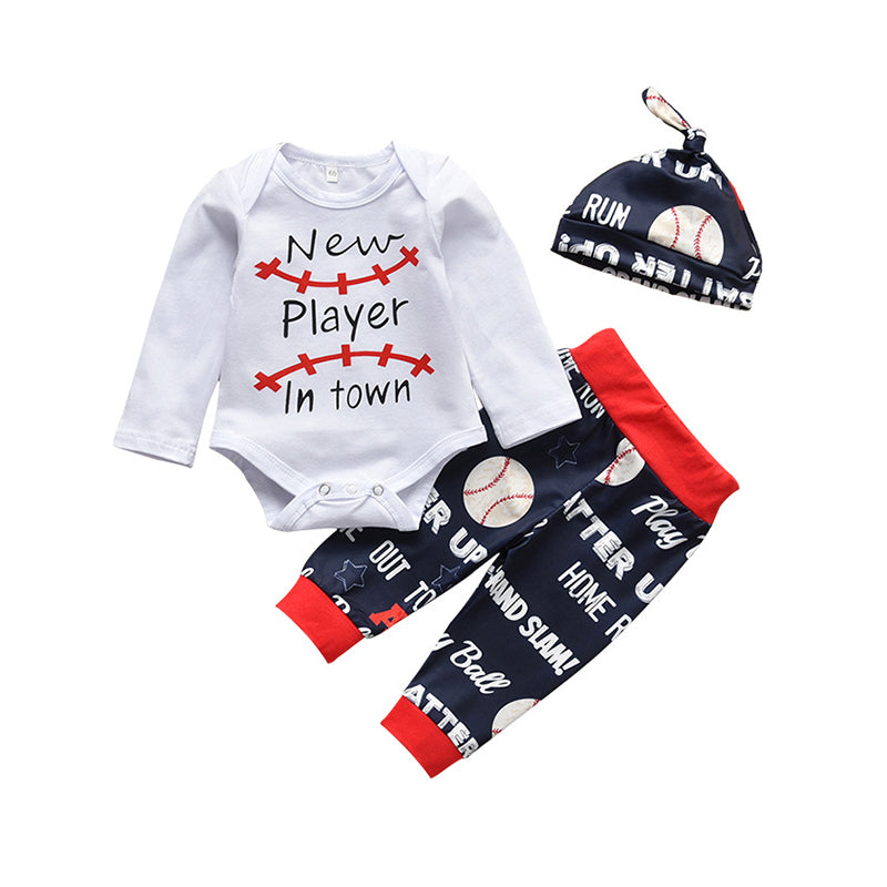 3 Pieces Set Baby Boys Letters Print Rompers And Pants And Hats Wholesale 22120228