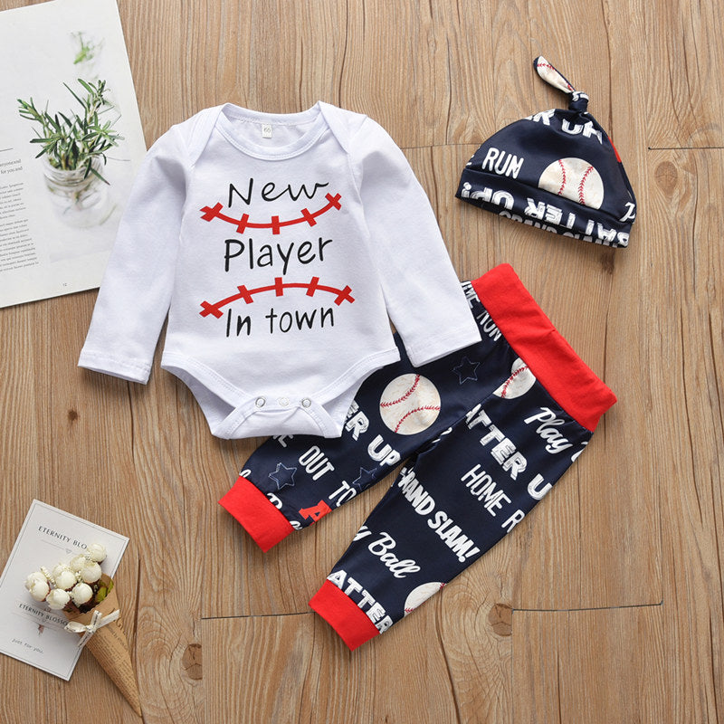 3 Pieces Set Baby Boys Letters Print Rompers And Pants And Hats Wholesale 22120228